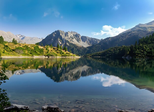 Sereno lago de montaña con aguas cristalinas que reflejan los picos circundantes y un ambiente tranquilo.