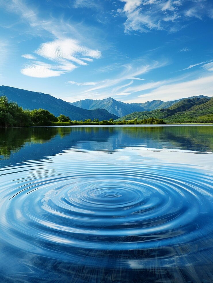 El sereno lago de montaña con aguas ondulantes y un cielo azul claro