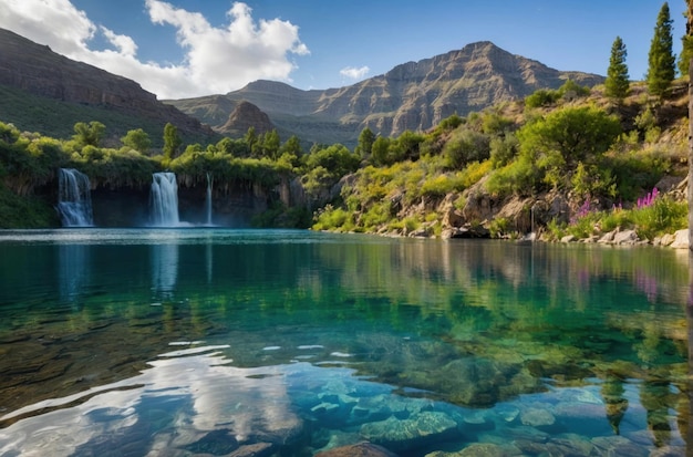 Un sereno lago de montaña con una cascada como telón de fondo