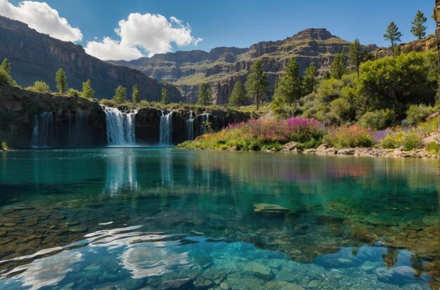 Un sereno lago de montaña con una cascada como telón de fondo