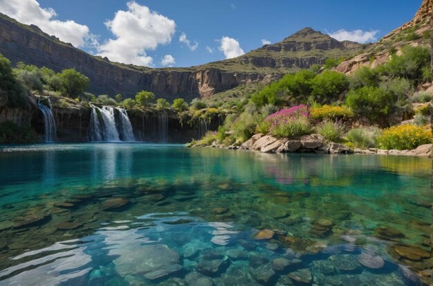 Foto un sereno lago de montaña con una cascada como telón de fondo