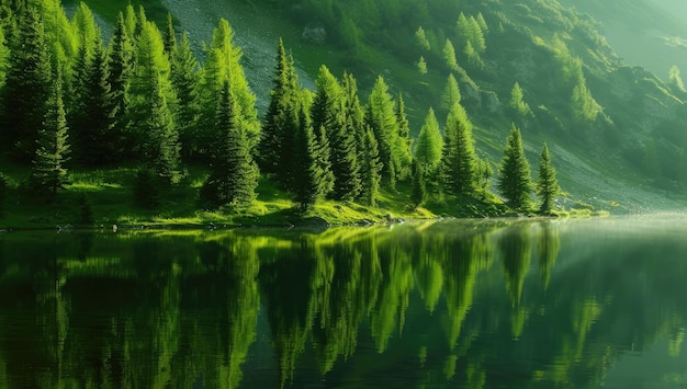 Sereno lago de montaña en la luz de la mañana con bosque de coníferas brumoso