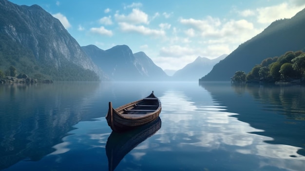 Sereno lago de montaña con un pequeño bote flotando pacíficamente