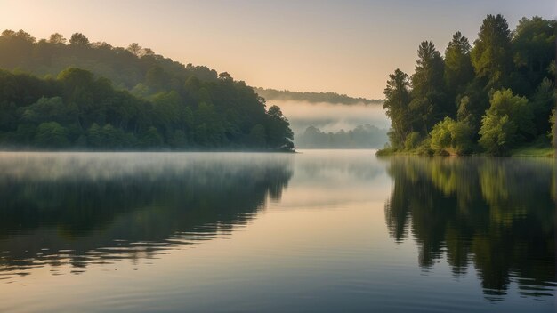 Sereno lago nebuloso ao nascer do sol com árvores