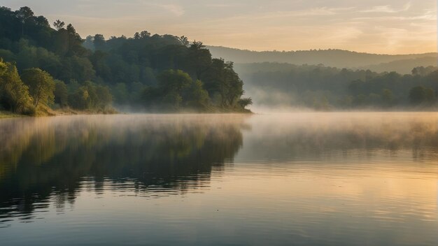 Sereno lago de niebla al amanecer con árboles