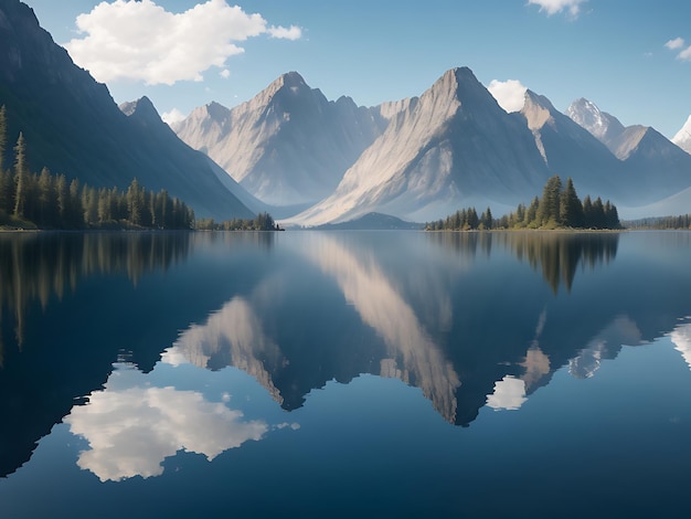 Foto un sereno lago rodeado de imponentes montañas con un reflejo del paisaje en las tranquilas aguas.