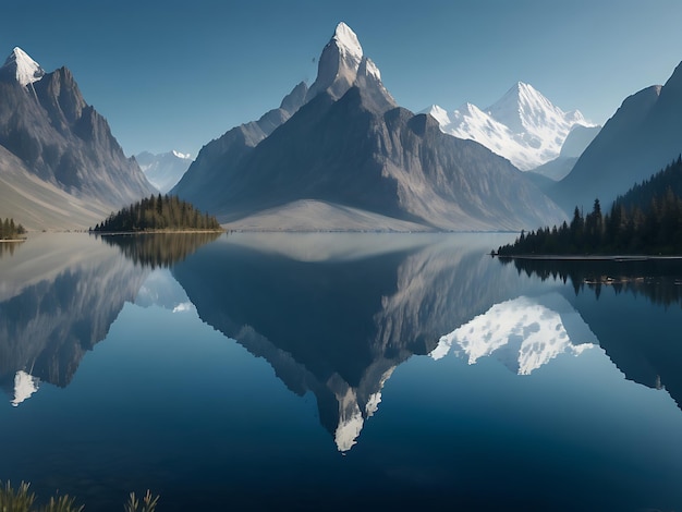 Un sereno lago rodeado de imponentes montañas con un reflejo del paisaje en las tranquilas aguas.