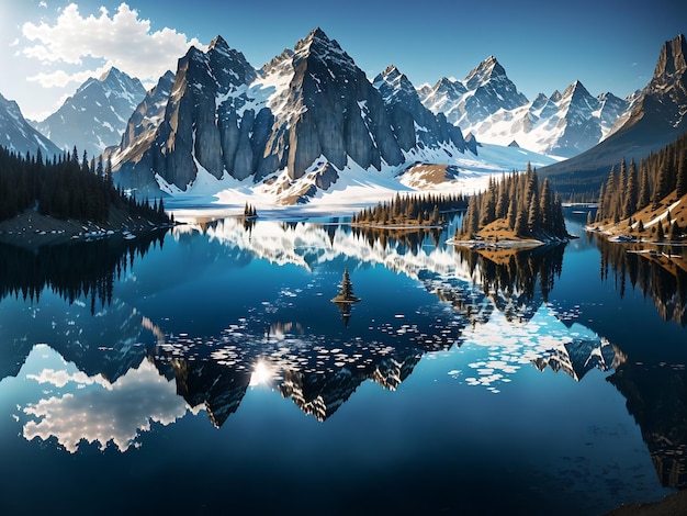 Un sereno lago rodeado de imponentes montañas con un reflejo del paisaje en las tranquilas aguas.