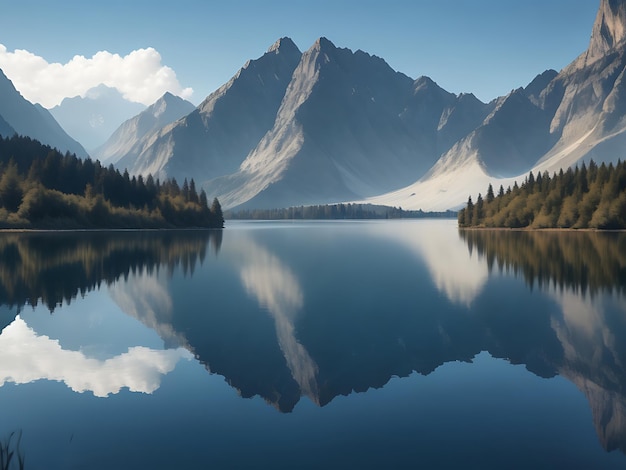 Foto un sereno lago rodeado de imponentes montañas con un reflejo del paisaje en las tranquilas aguas.