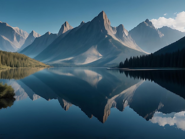 Foto un sereno lago rodeado de imponentes montañas con un reflejo del paisaje en las tranquilas aguas.