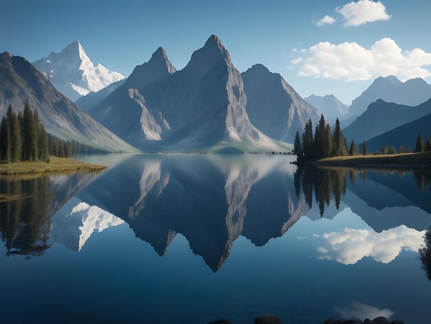 Foto un sereno lago rodeado de imponentes montañas con un reflejo del paisaje en las tranquilas aguas.