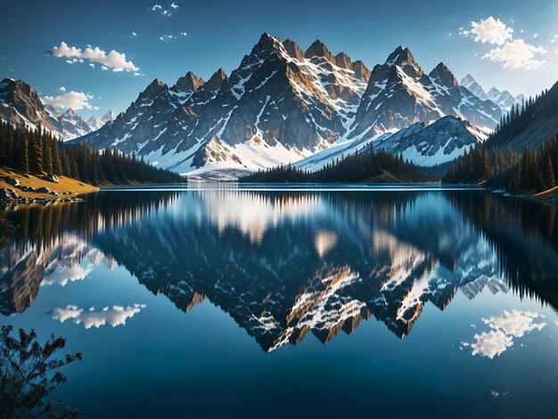 Foto un sereno lago rodeado de imponentes montañas con un reflejo del paisaje en las tranquilas aguas.