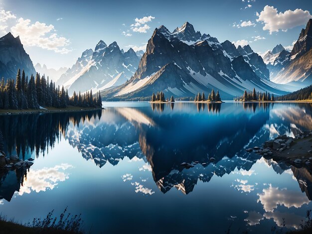 Un sereno lago rodeado de imponentes montañas con un reflejo del paisaje en las tranquilas aguas.