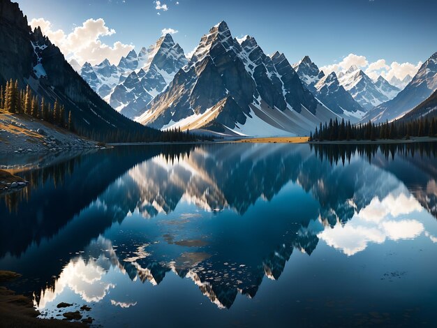 Foto un sereno lago rodeado de imponentes montañas con un reflejo del paisaje en las tranquilas aguas.