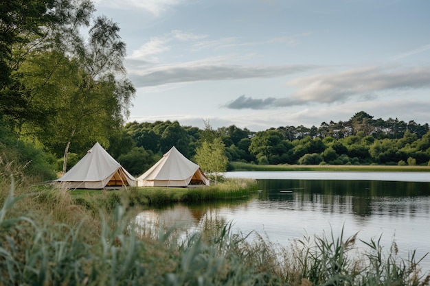 Sereno local de glamping ao lado de um lago com vegetação exuberante ao anoitecer