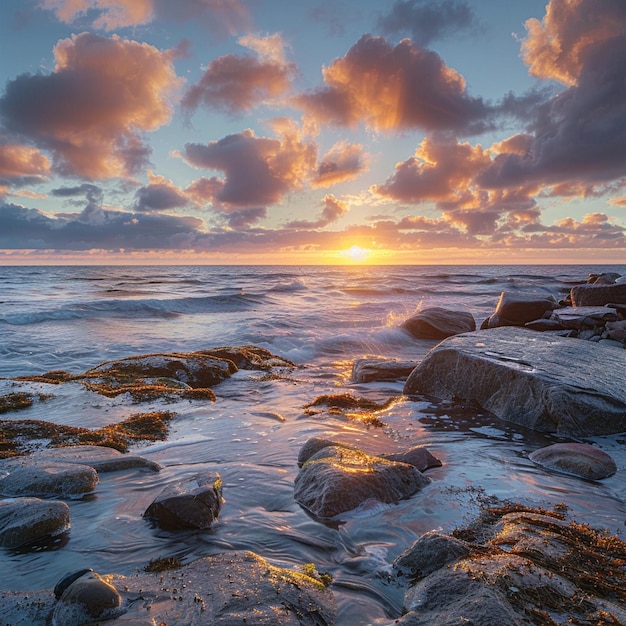 Sereno nascer do sol na costa sobre as rochas do oceano, paisagem pacífica na praia.