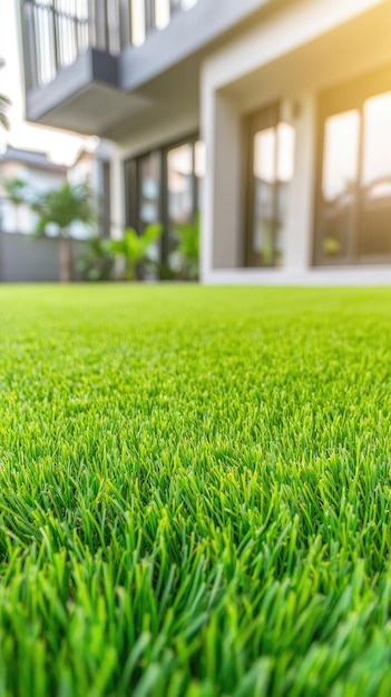 Un sereno oasis de patio trasero con exuberante hierba verde y vibrantes plantas tropicales bajo la cálida luz del sol de una hermosa tarde