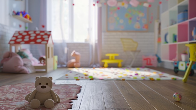 Foto sereno y ordenado cuarto de juegos de niños lleno de juguetes y decoraciones alegres bañado en luz suave