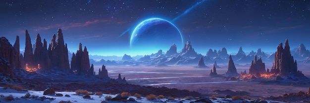 Sereno paisaje alienígena majestuosa salida de la luna sobre montañas sobrenaturales bajo un cielo nocturno estrellado