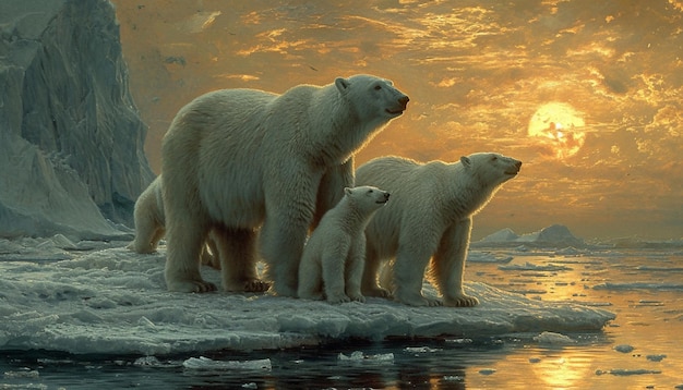 un sereno paisaje ártico con una familia de osos polares en un bloque de hielo