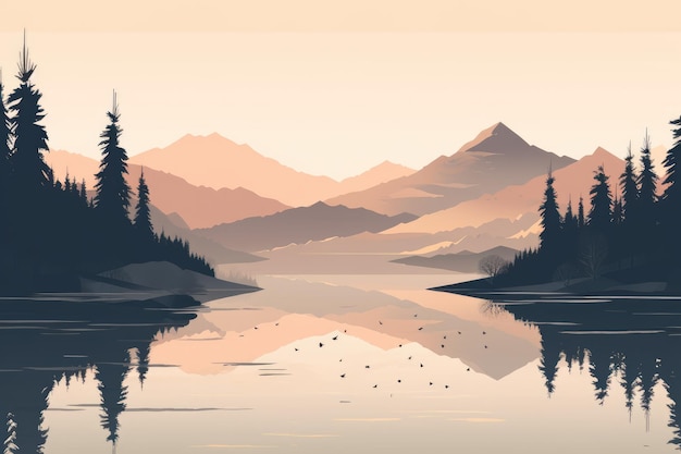 Un sereno paisaje de lago de montaña representado en una ilustración minimalista Colores suaves y apagados