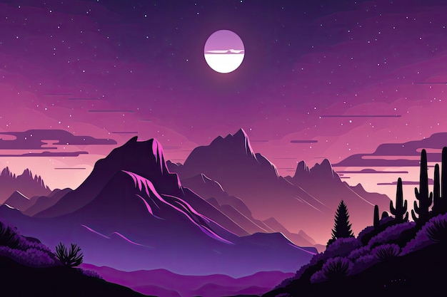 Sereno paisaje nocturno con montañas y una luna llena brillante IA generativa