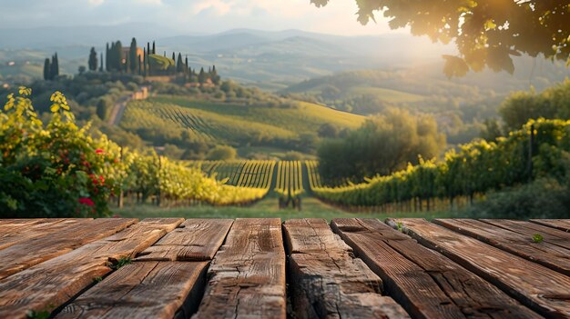 Sereno paisaje toscano visto sobre viñedos rústicos de mesa de madera bajo el sol poniente AI