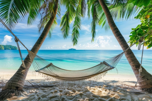 Foto sereno paraíso de praia tropical com hamaca entre palmeiras