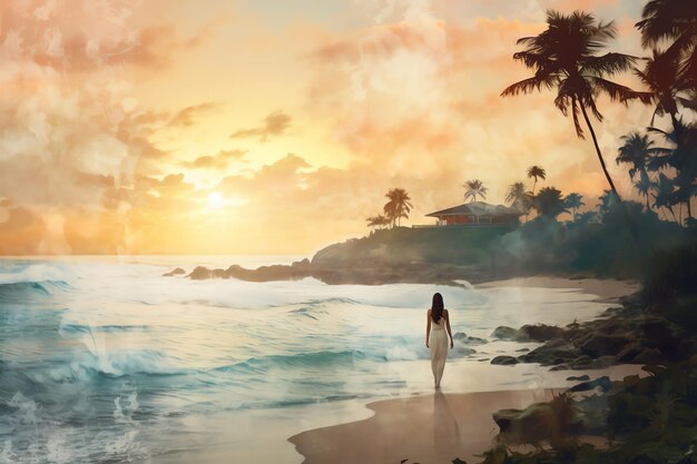 Un sereno paseo por la playa por la mañana al amanecer con un fondo tropical realista