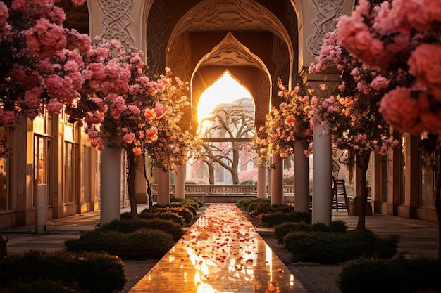 Sereno patio de la mezquita entre las flores