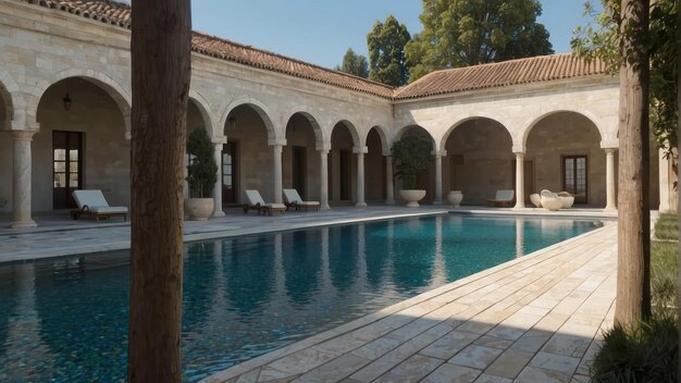 Foto sereno patio con piscina en una antigua mansión