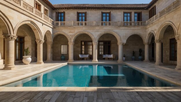 Foto sereno patio con piscina en una antigua mansión