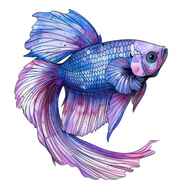Un sereno pez betta con aletas azules y púrpuras que fluyen lindo dibujo animado tinta acuarela ilustración isola