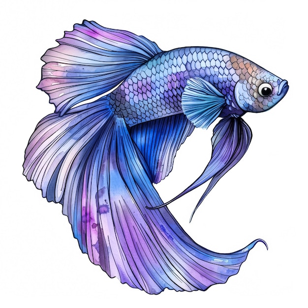 Un sereno pez betta con aletas azules y púrpuras que fluyen lindo dibujo animado tinta acuarela ilustración isola