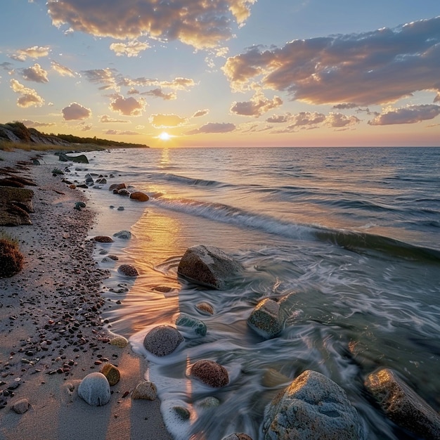 Sereno pôr-do-sol costeiro sobre o Mar Báltico com rochas em primeiro plano