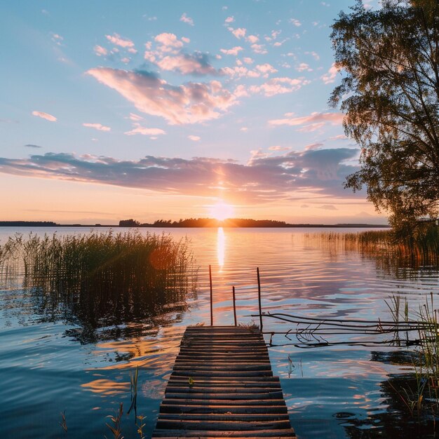 Sereno pôr-do-sol de verão sobre o lago Belas cenas naturais