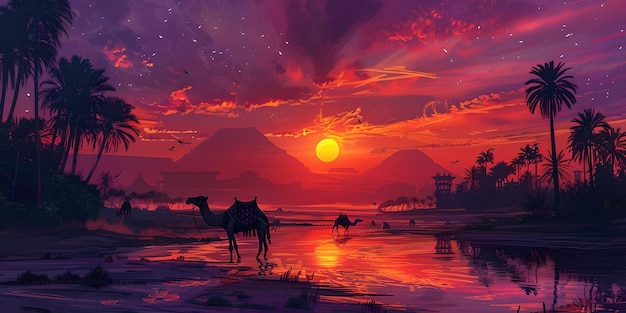 Sereno pôr-do-sol tropical com camelos à beira das águas borda paisagem de arte digital ideal para papéis de parede e fundos paisagem tranquila à noite AI