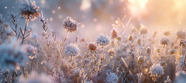 Foto sereno prado de invierno con flores cubiertas de helada y luz matinal un tranquilo prado de invernada con flores silvestres cubiertos de helada