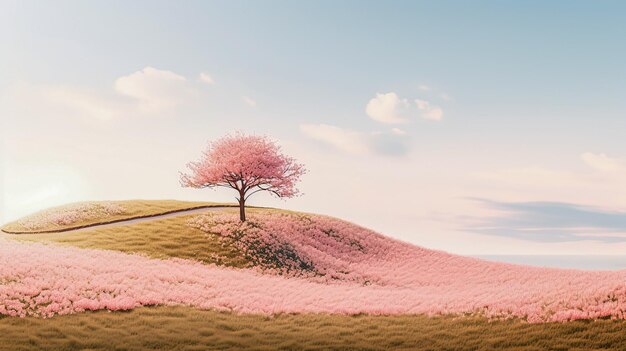 Sereno quadro rosa prado cerejeira e céu azul com nuvens sutis