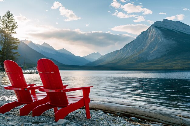 Foto sereno retiro cadeiras vermelhas ao lado do lago e da montanha em estética harmonia