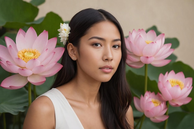 Un sereno retrato fotográfico de una joven de las islas del Pacífico con tranquilas flores de loto