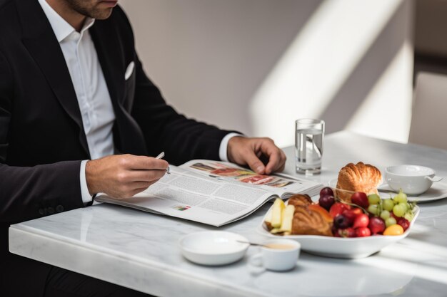 Un sereno ritual matutino inmerso en una revista en una mesa de desayuno de mármol blanco