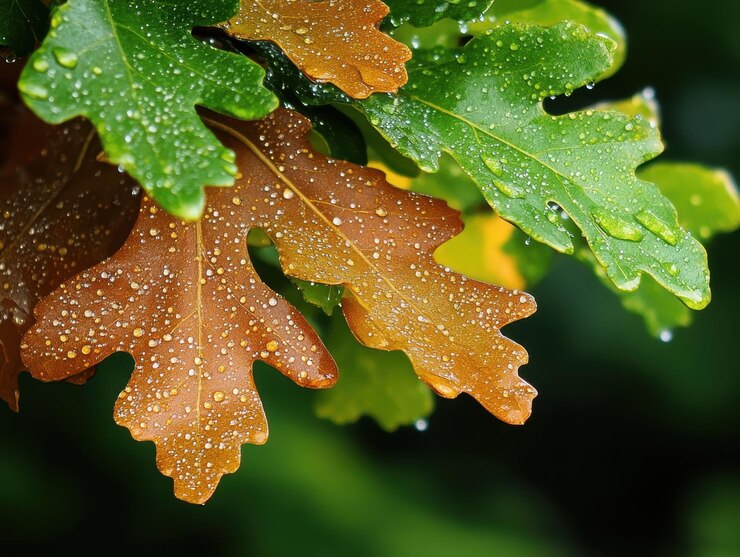 El sereno rocío matinal en las hojas de roble, un primer plano de los intrincados detalles de los árboles en la naturaleza