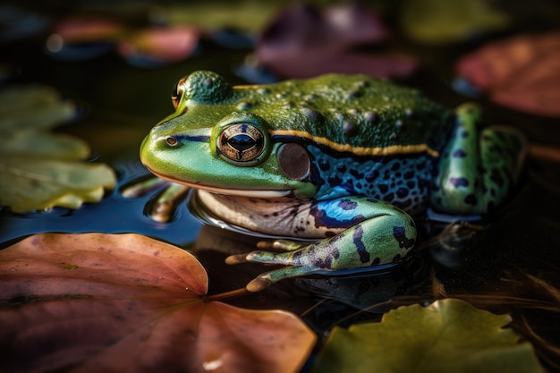 Sereno sapo verde em uma lagoa com lírios aquáticos coloridos IA generativa