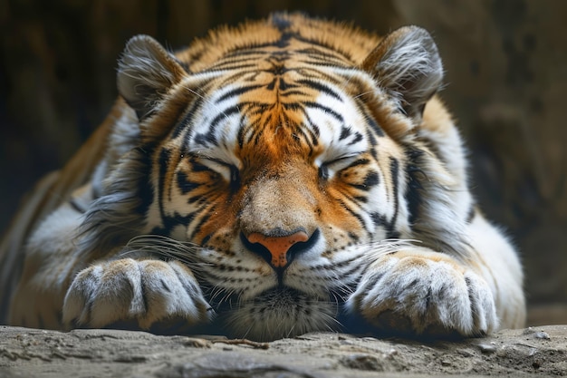 Sereno tigre-de-bengala adulto descansando com os olhos fechados em uma superfície rochosa em cativeiro