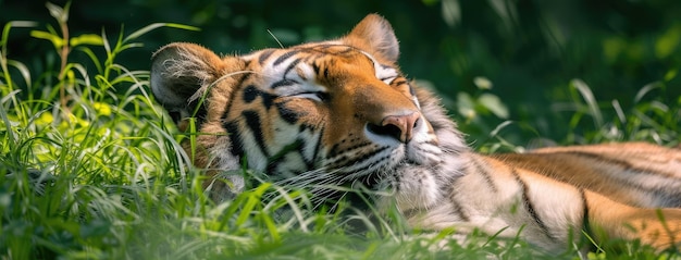 El sereno tigre durmiendo en la exuberante vegetación