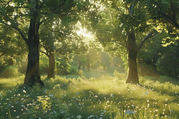 Foto serenos bosques iluminados por raios de sol manchados