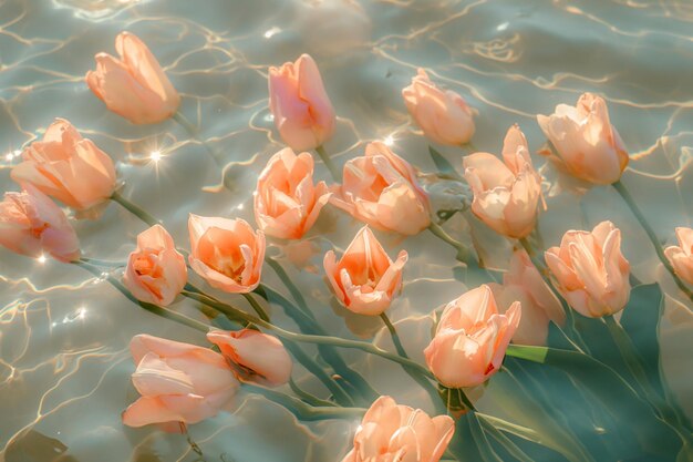 Foto serenos tulipanes rosados en una superficie de agua tranquila abrazando la frescura de la primavera