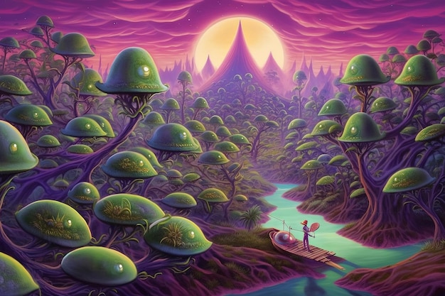 Seres extraterrestres cultivando aguacates en un planeta con cielos púrpuras y árboles flotantes ilustración de personajes alienígenas ai generativo