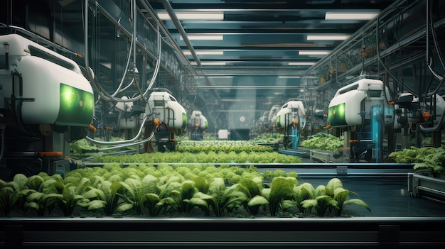 Seres humanos e robôs de colheita hidropônica eficientes trabalhando em uníssono
